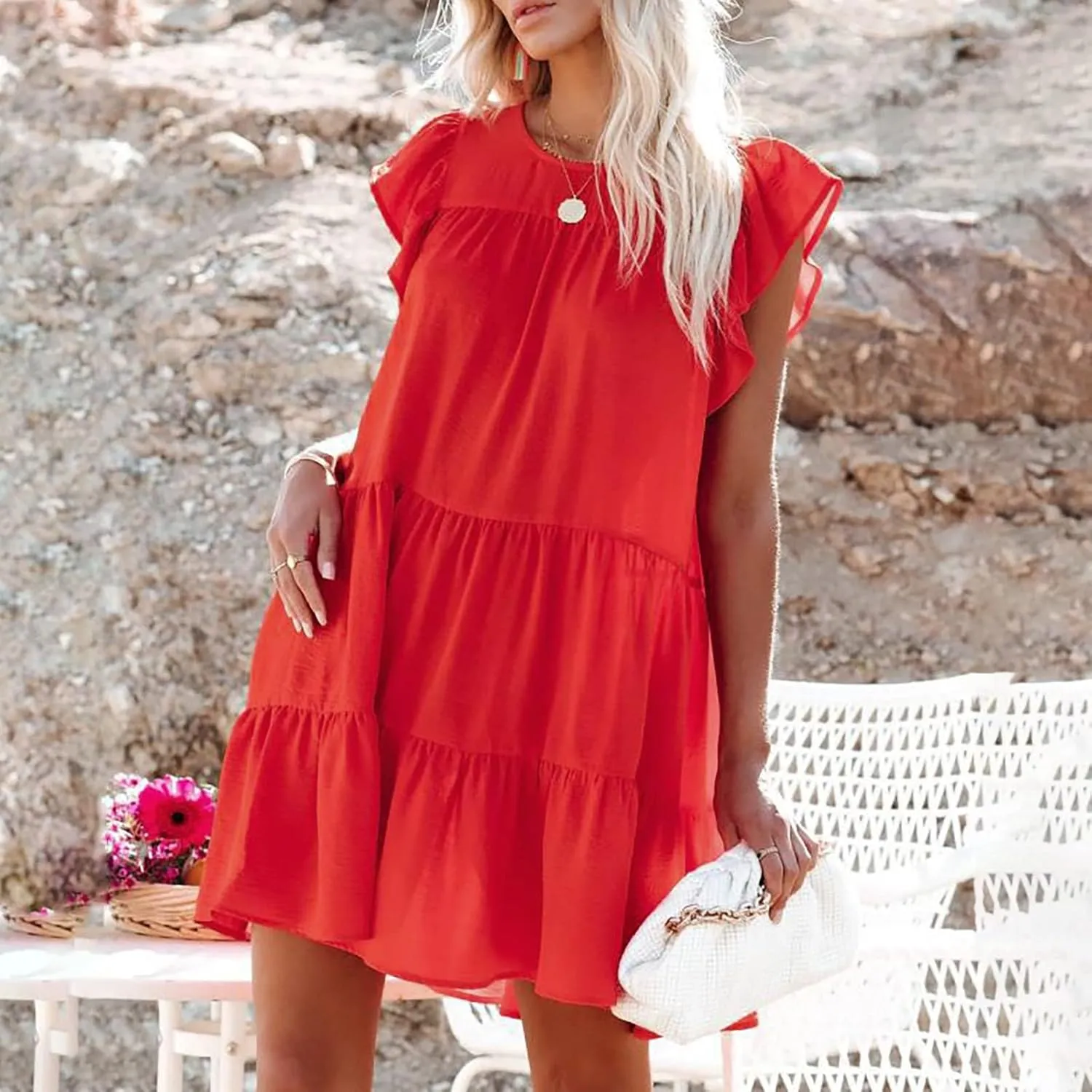 jsaierl Women's Summer Beach Dress Ruffle Sleeve Mini Dress Fashion Vacation Dresses Flowy A Line Sundress Sweet Cake Dress