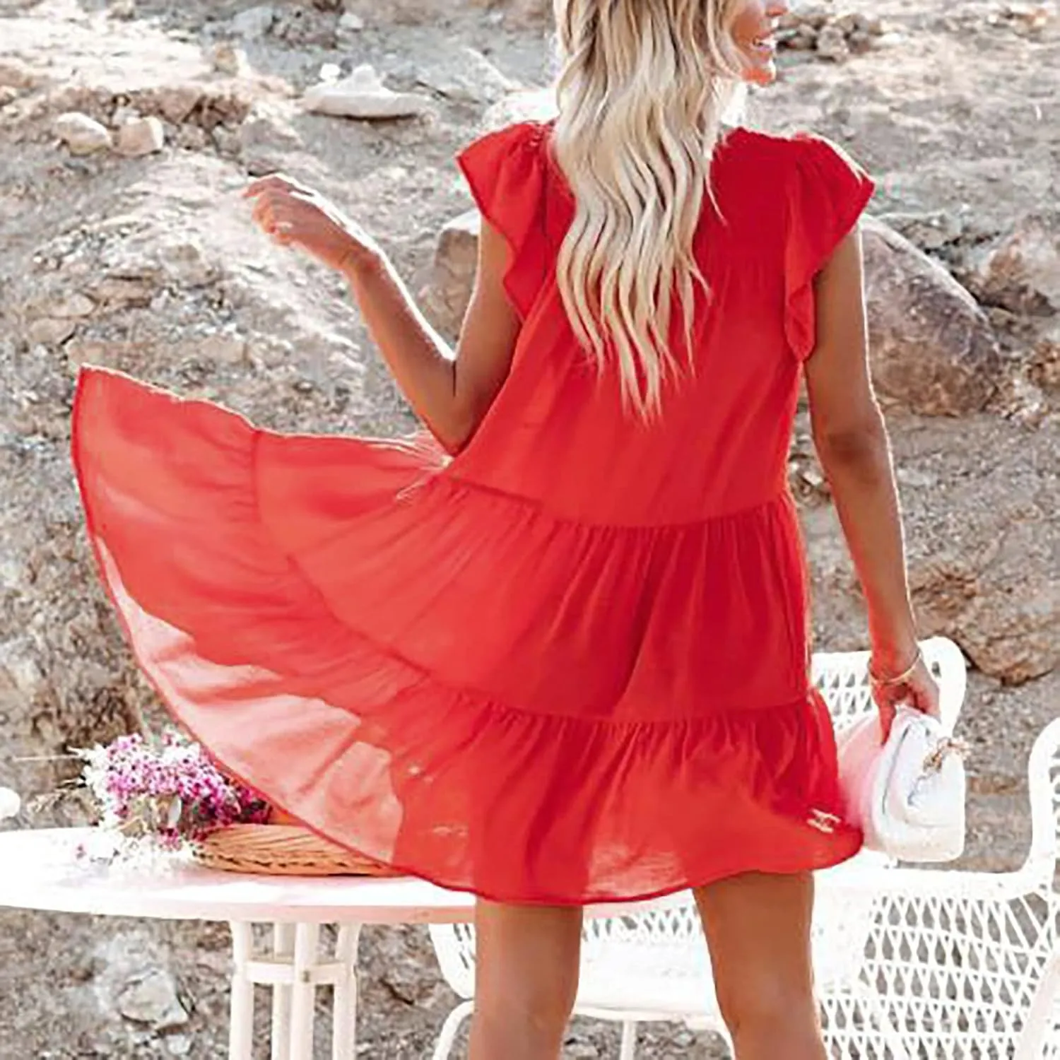 jsaierl Women's Summer Beach Dress Ruffle Sleeve Mini Dress Fashion Vacation Dresses Flowy A Line Sundress Sweet Cake Dress