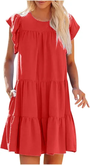 jsaierl Women's Summer Beach Dress Ruffle Sleeve Mini Dress Fashion Vacation Dresses Flowy A Line Sundress Sweet Cake Dress