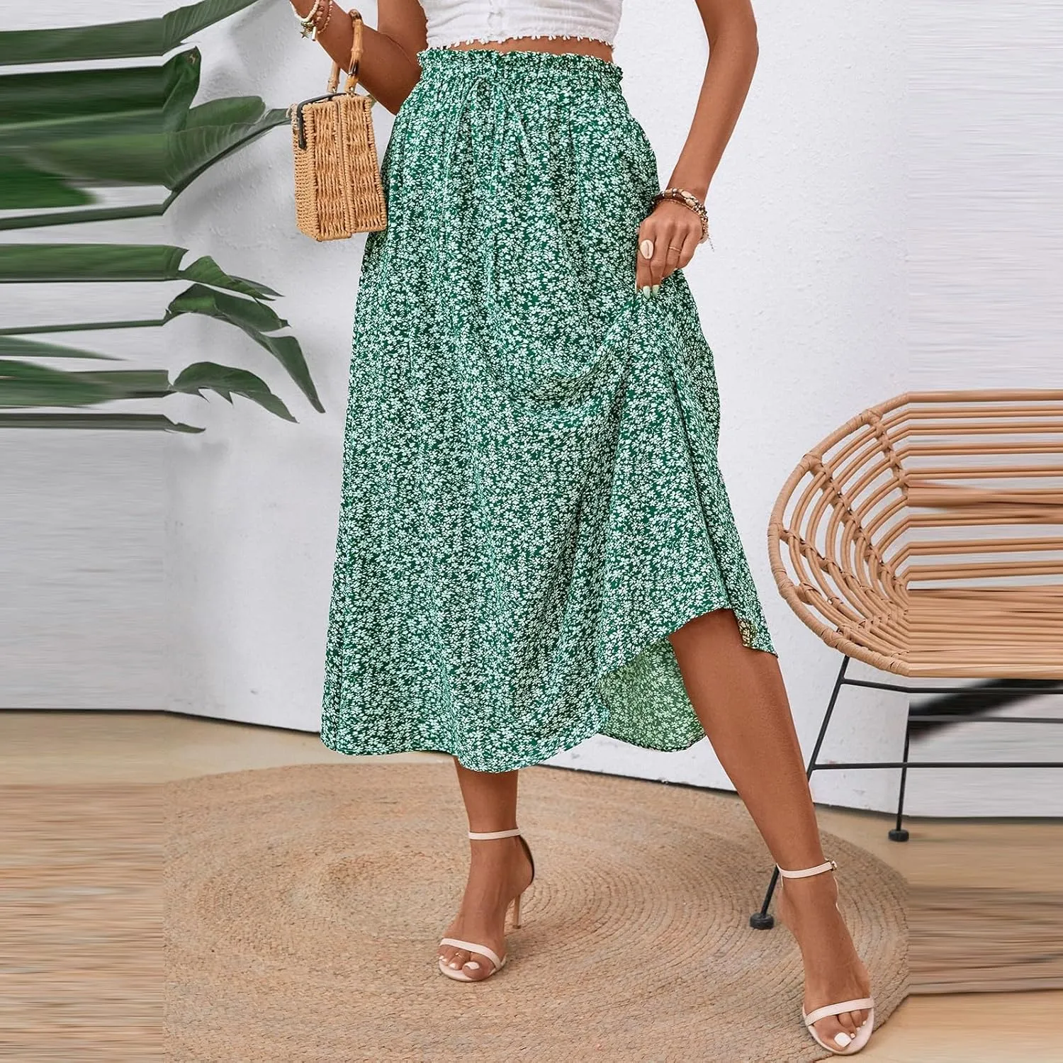Linen Skirt Women Midi Summer Drawstring Elastic High Waist A-Line Ruffle Elegant Skirt Knee Length with Pockets