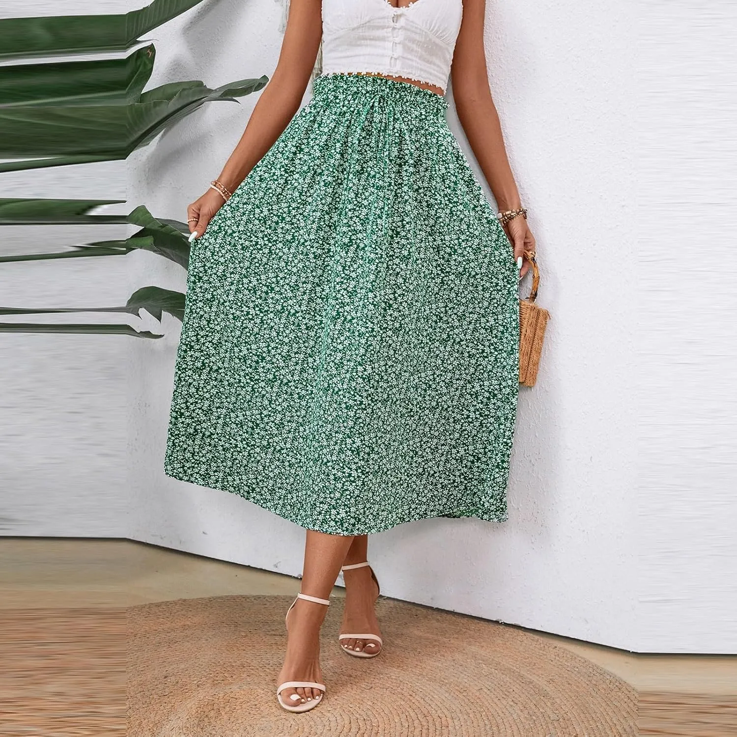 Linen Skirt Women Midi Summer Drawstring Elastic High Waist A-Line Ruffle Elegant Skirt Knee Length with Pockets