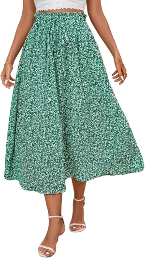 Linen Skirt Women Midi Summer Drawstring Elastic High Waist A-Line Ruffle Elegant Skirt Knee Length with Pockets