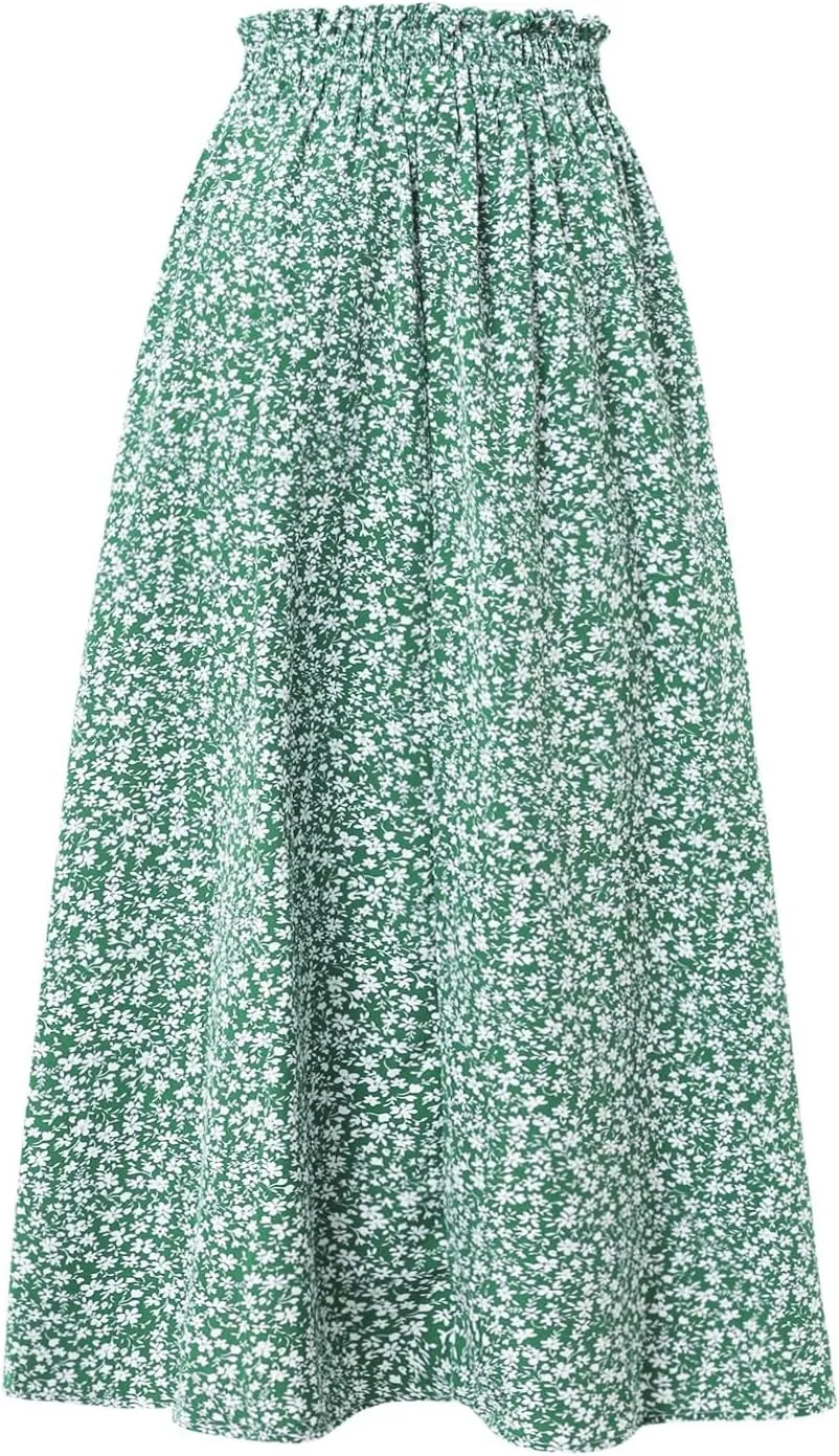 Linen Skirt Women Midi Summer Drawstring Elastic High Waist A-Line Ruffle Elegant Skirt Knee Length with Pockets