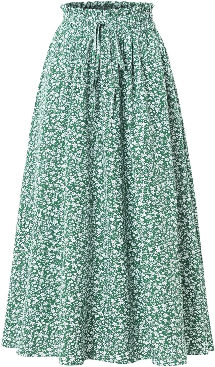 Linen Skirt Women Midi Summer Drawstring Elastic High Waist A-Line Ruffle Elegant Skirt Knee Length with Pockets