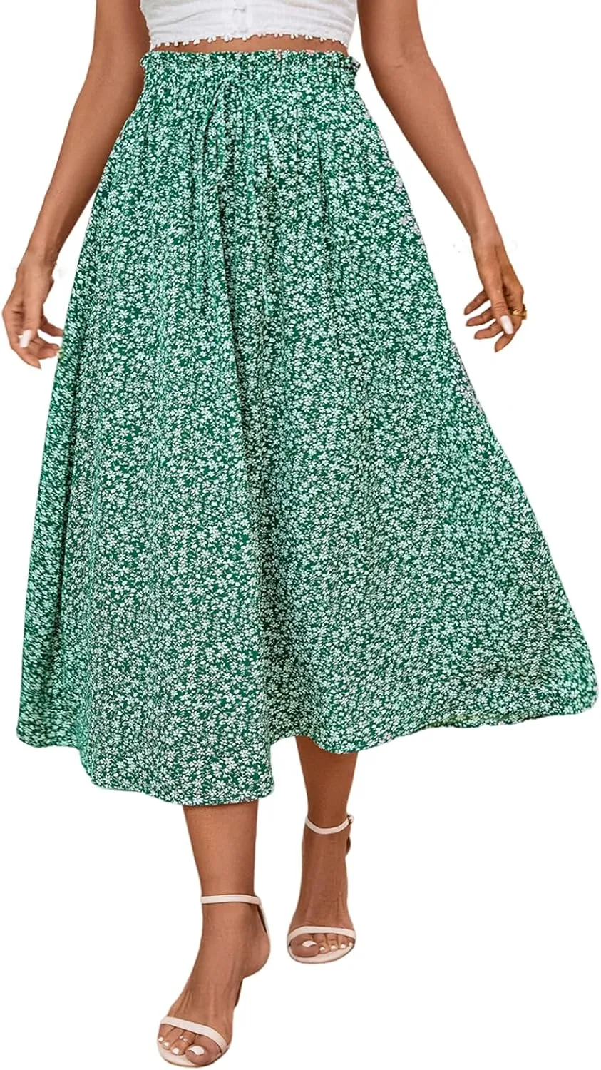 Linen Skirt Women Midi Summer Drawstring Elastic High Waist A-Line Ruffle Elegant Skirt Knee Length with Pockets