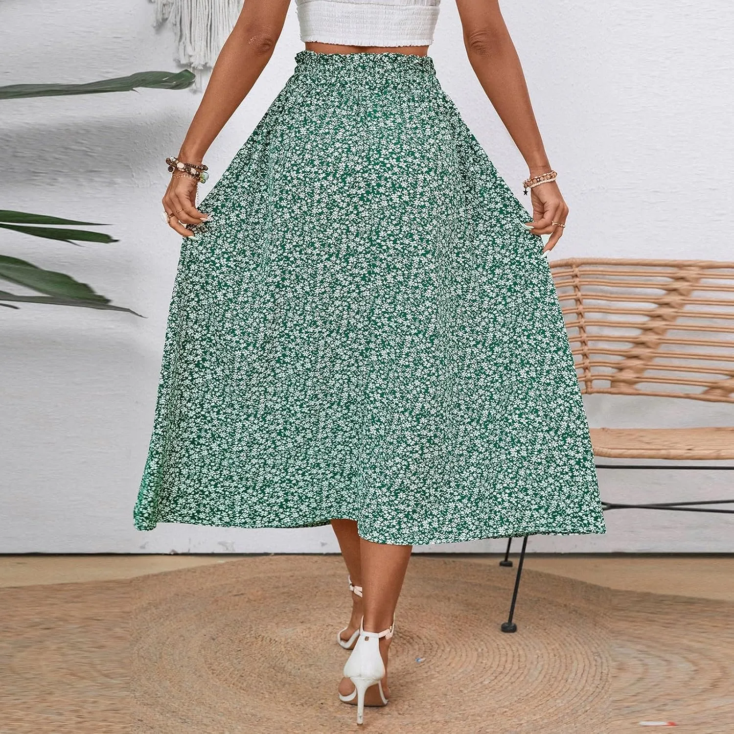 Linen Skirt Women Midi Summer Drawstring Elastic High Waist A-Line Ruffle Elegant Skirt Knee Length with Pockets