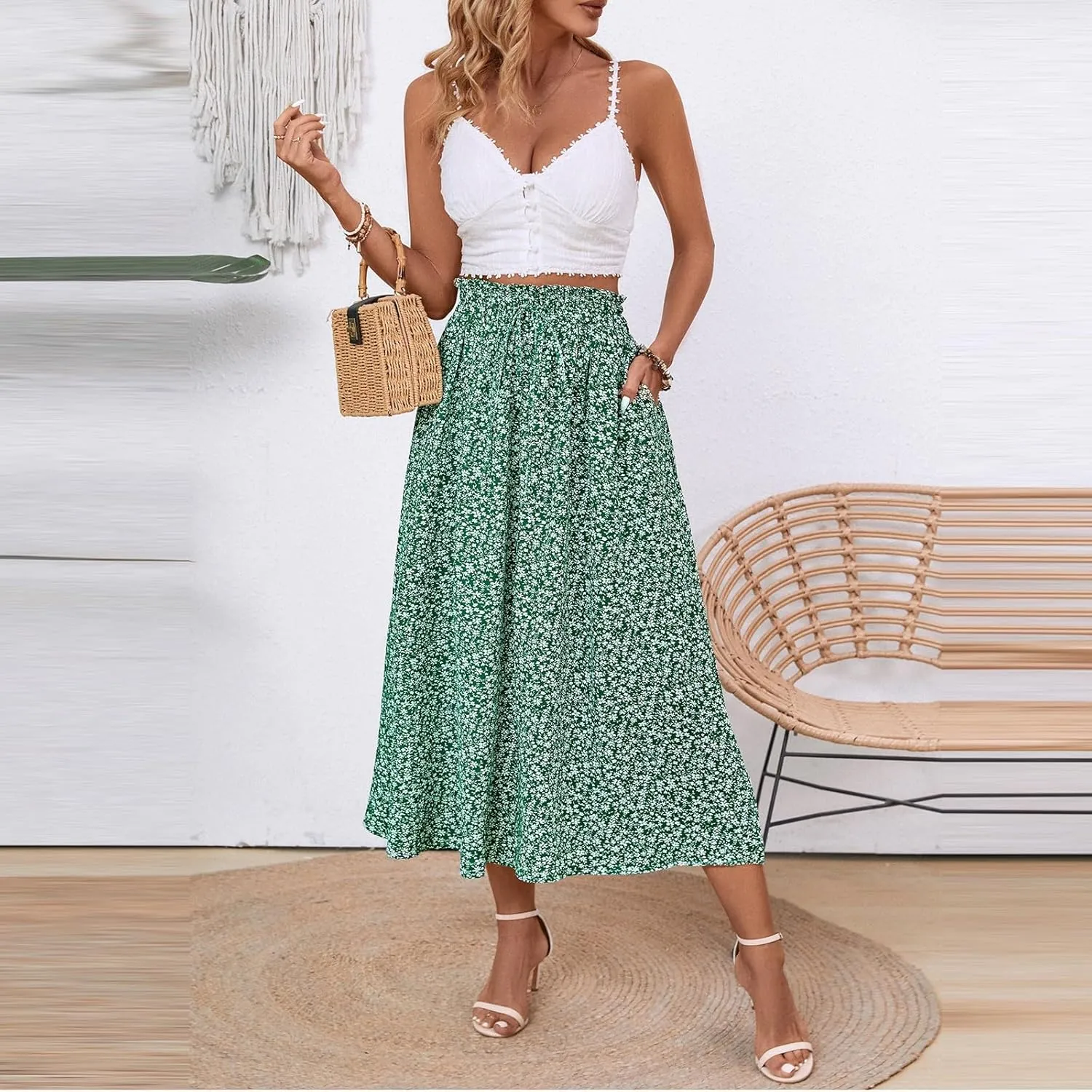 Linen Skirt Women Midi Summer Drawstring Elastic High Waist A-Line Ruffle Elegant Skirt Knee Length with Pockets