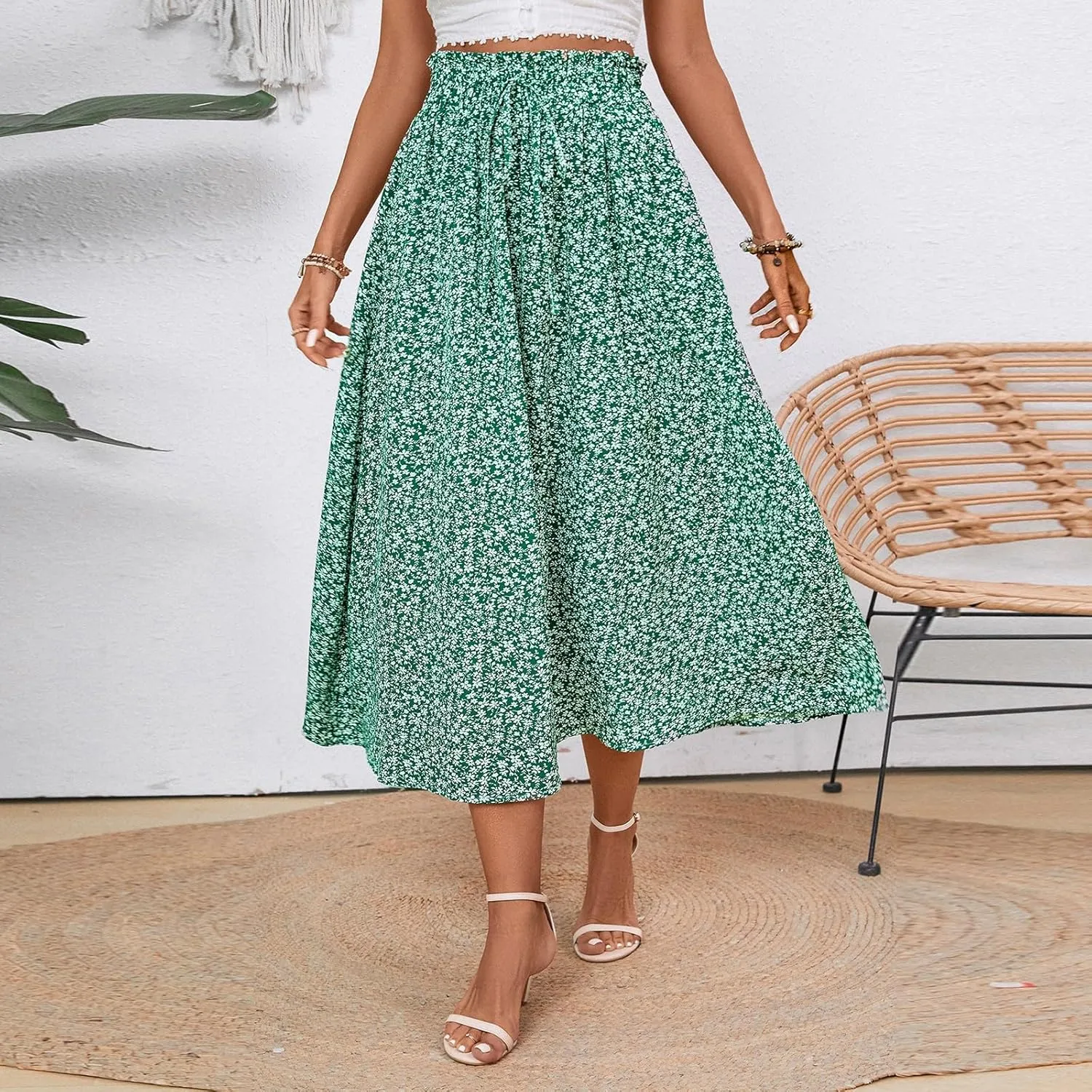 Linen Skirt Women Midi Summer Drawstring Elastic High Waist A-Line Ruffle Elegant Skirt Knee Length with Pockets