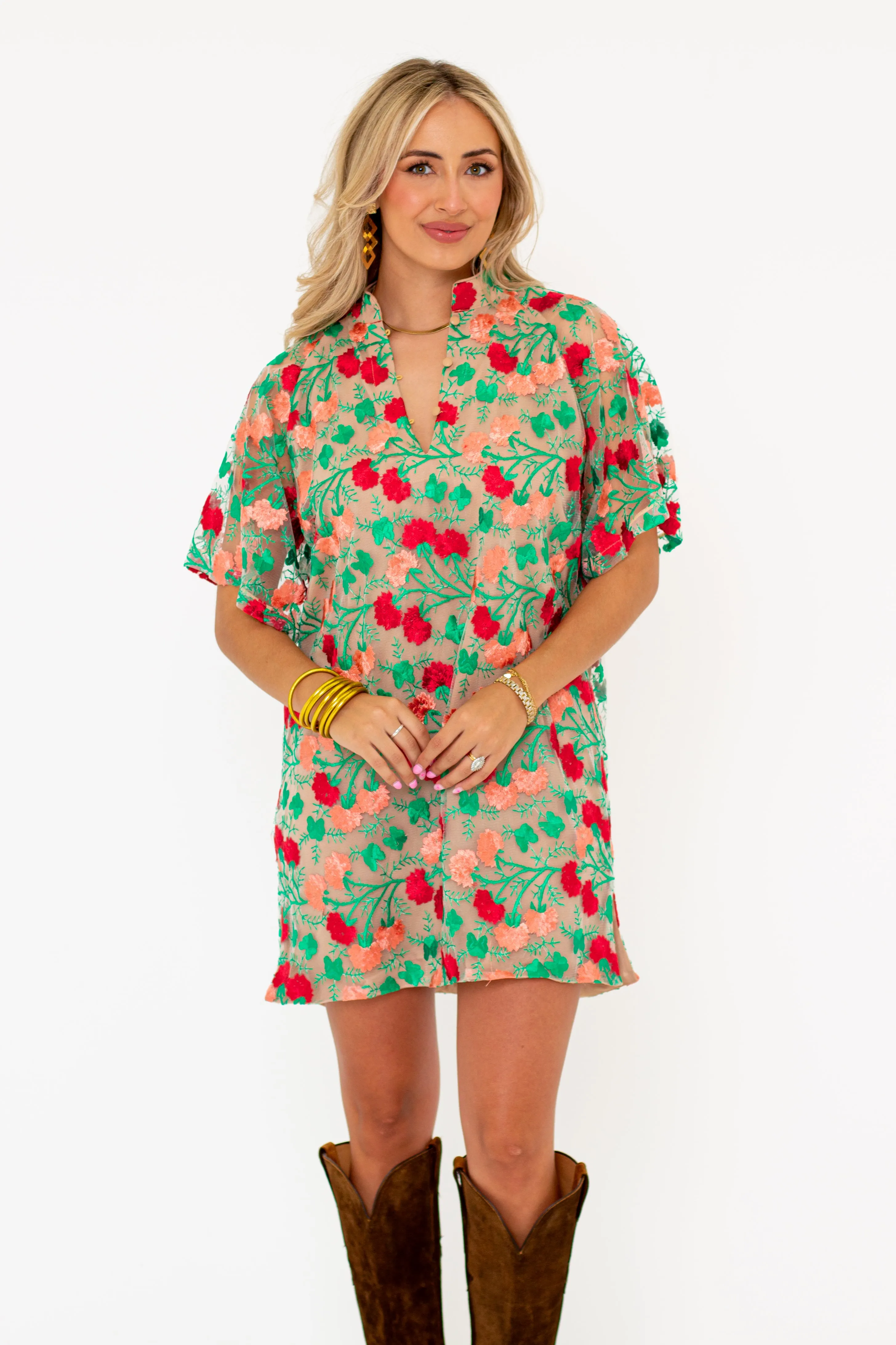 Lulu Short Sleeve Mini Caftan- Precious Coral