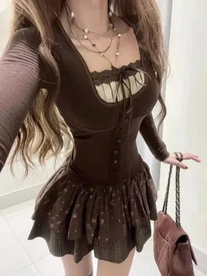 LVSANW 2025 New Korean Lace Up Patchwork Sexy Slim Long Sleeved T-shirt Women   Floral Printed Casual Cake Skirt Two-piece Suit Chic