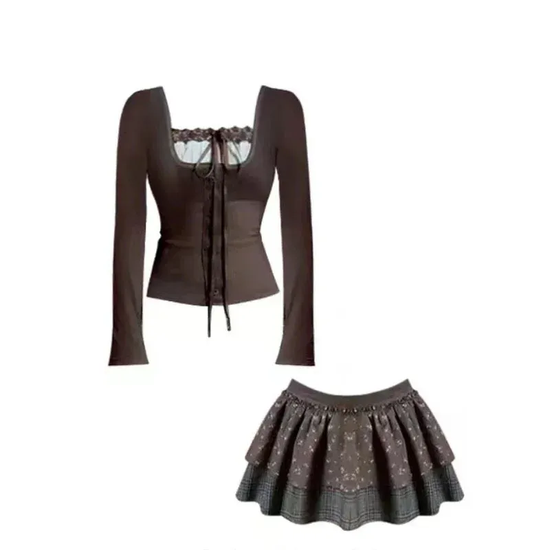 LVSANW 2025 New Korean Lace Up Patchwork Sexy Slim Long Sleeved T-shirt Women   Floral Printed Casual Cake Skirt Two-piece Suit Chic