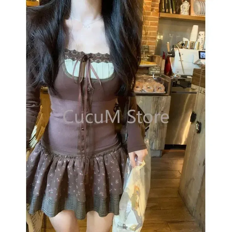 LVSANW 2025 New Korean Lace Up Patchwork Sexy Slim Long Sleeved T-shirt Women   Floral Printed Casual Cake Skirt Two-piece Suit Chic