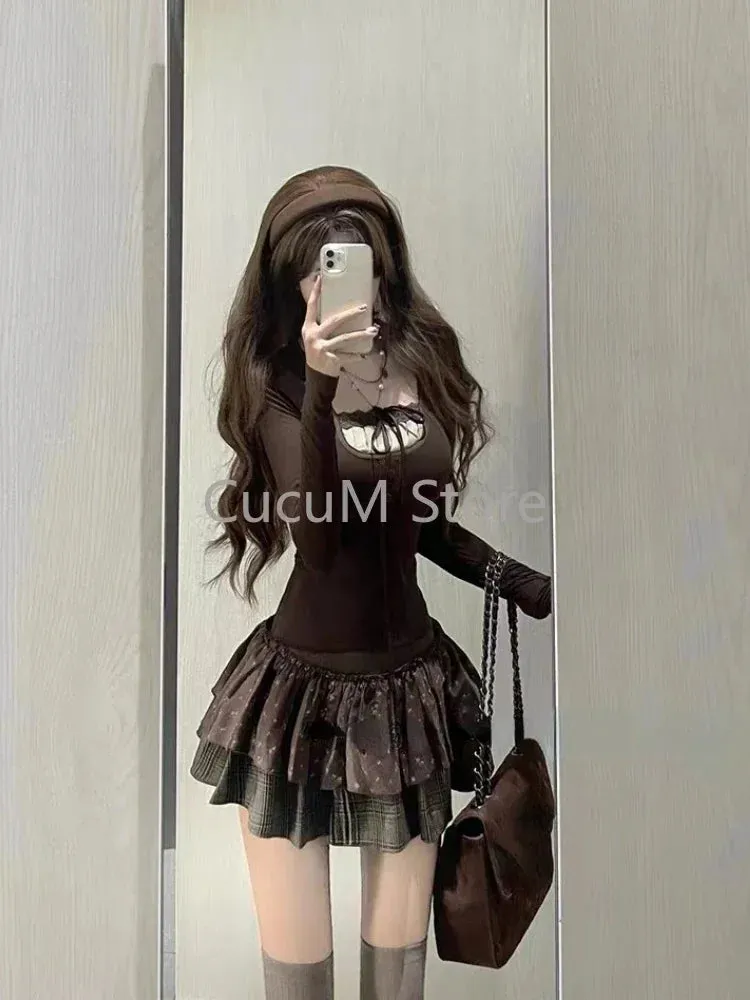 LVSANW 2025 New Korean Lace Up Patchwork Sexy Slim Long Sleeved T-shirt Women   Floral Printed Casual Cake Skirt Two-piece Suit Chic