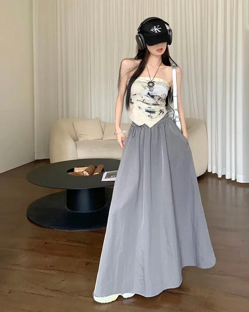 LVSANW Chic Women Pockets A-Line Long Skirts Ladies Casual Loose Elastic High Waist Midi Skirt 2025 Spring Summer