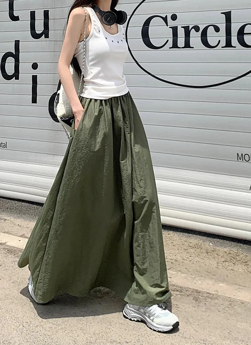 LVSANW Chic Women Pockets A-Line Long Skirts Ladies Casual Loose Elastic High Waist Midi Skirt 2025 Spring Summer