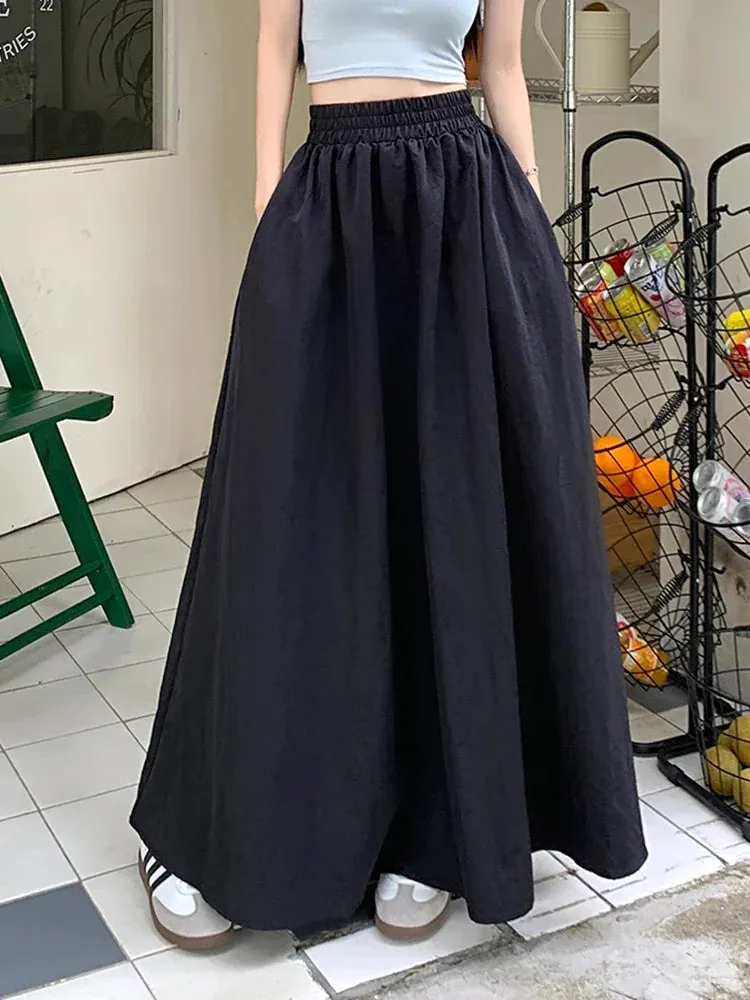 LVSANW Chic Women Pockets A-Line Long Skirts Ladies Casual Loose Elastic High Waist Midi Skirt 2025 Spring Summer