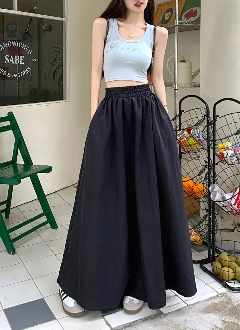 LVSANW Chic Women Pockets A-Line Long Skirts Ladies Casual Loose Elastic High Waist Midi Skirt 2025 Spring Summer