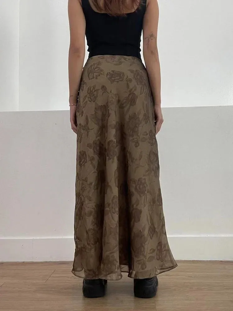 LVSANW HEYounGIRL Autumn Long Skirt Vintage Floral Print Low Rise  Ladies Skirts Aesthetic Y2K High Street Retro Mesh Chic Skirt Casual