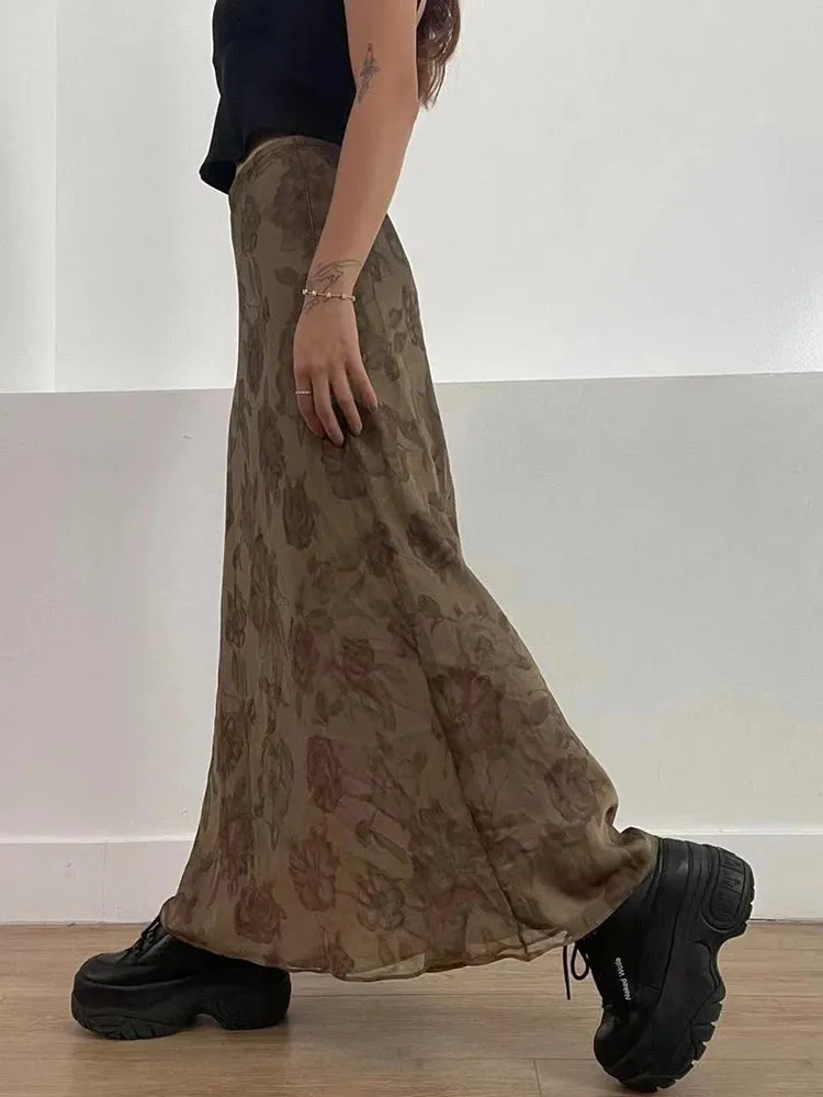 LVSANW HEYounGIRL Autumn Long Skirt Vintage Floral Print Low Rise  Ladies Skirts Aesthetic Y2K High Street Retro Mesh Chic Skirt Casual