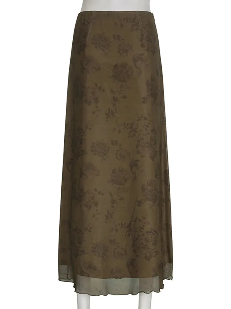 LVSANW HEYounGIRL Autumn Long Skirt Vintage Floral Print Low Rise  Ladies Skirts Aesthetic Y2K High Street Retro Mesh Chic Skirt Casual