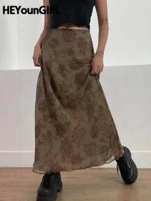 LVSANW HEYounGIRL Autumn Long Skirt Vintage Floral Print Low Rise  Ladies Skirts Aesthetic Y2K High Street Retro Mesh Chic Skirt Casual