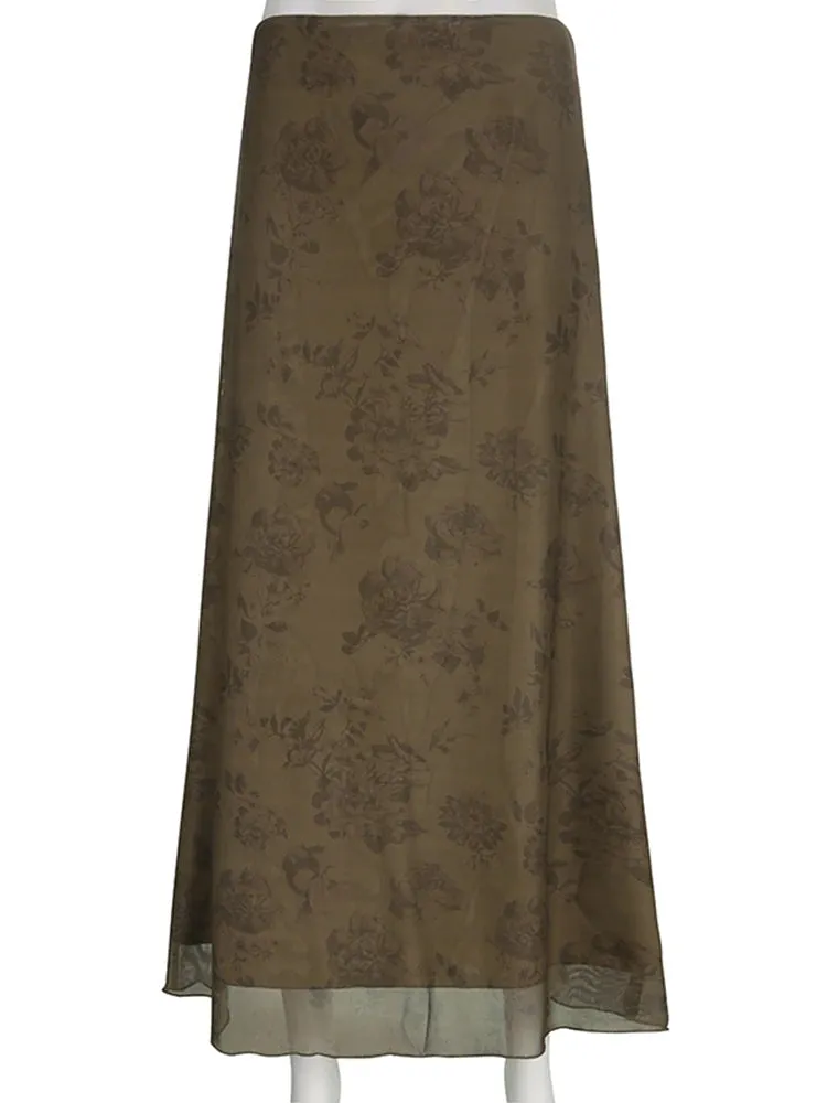 LVSANW HEYounGIRL Autumn Long Skirt Vintage Floral Print Low Rise  Ladies Skirts Aesthetic Y2K High Street Retro Mesh Chic Skirt Casual