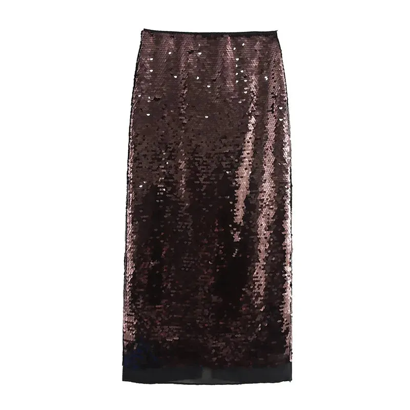 LVSANW Willshela Women Fashion With Sequined Brown Side Zipper Midi Skirt Vintage Mid Waist Straight Female Chic Lady Skirts