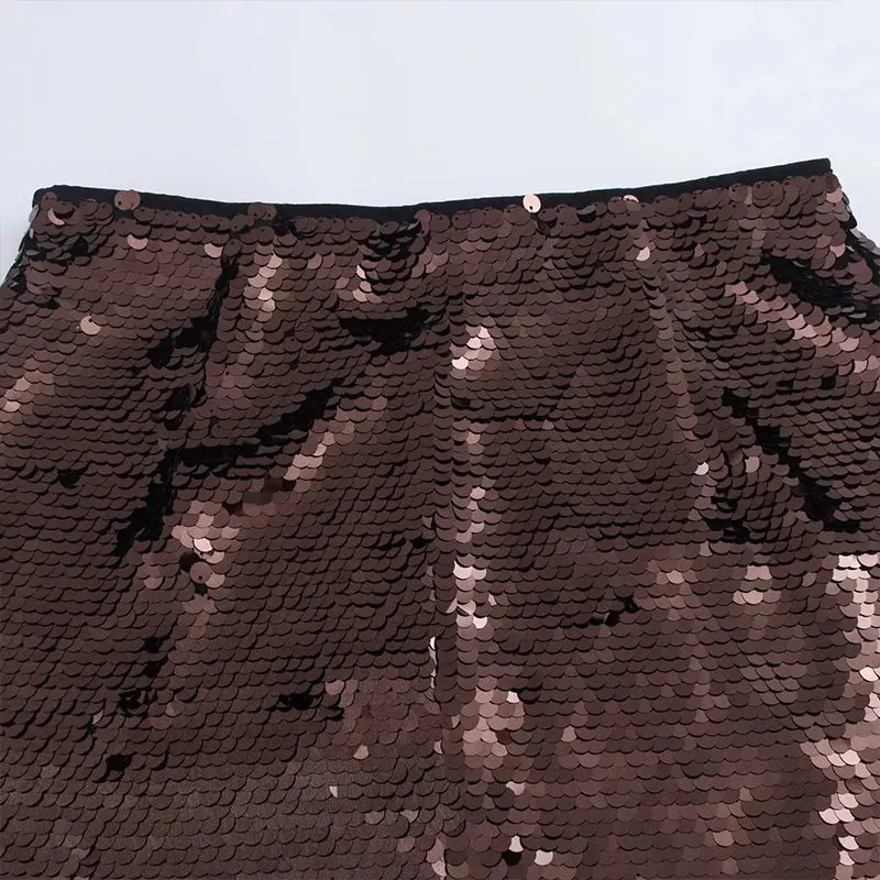 LVSANW Willshela Women Fashion With Sequined Brown Side Zipper Midi Skirt Vintage Mid Waist Straight Female Chic Lady Skirts