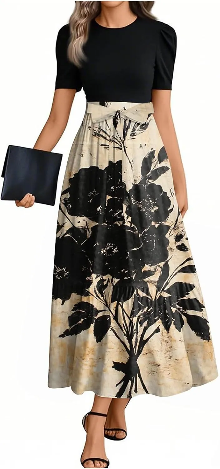 Maxi Flower Print 2025 Womens Dresses, Beach Spring Womens Jumpsuit Elegant Bow High Waisted Romper