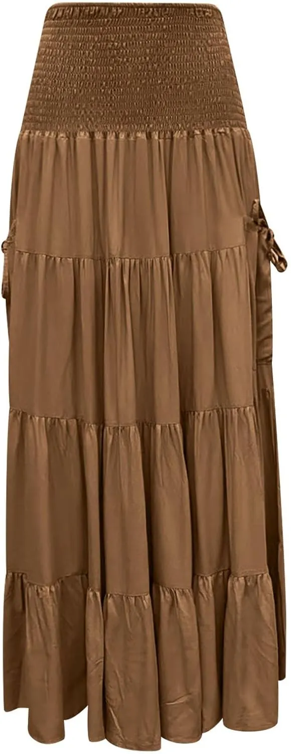 Maxi Skirts for Women 2025 Summer Boho Flowy Swing Tiered A-Line Elastic High Waist Pleated Long Skirt with Pockets
