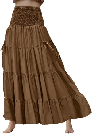 Maxi Skirts for Women 2025 Summer Boho Flowy Swing Tiered A-Line Elastic High Waist Pleated Long Skirt with Pockets