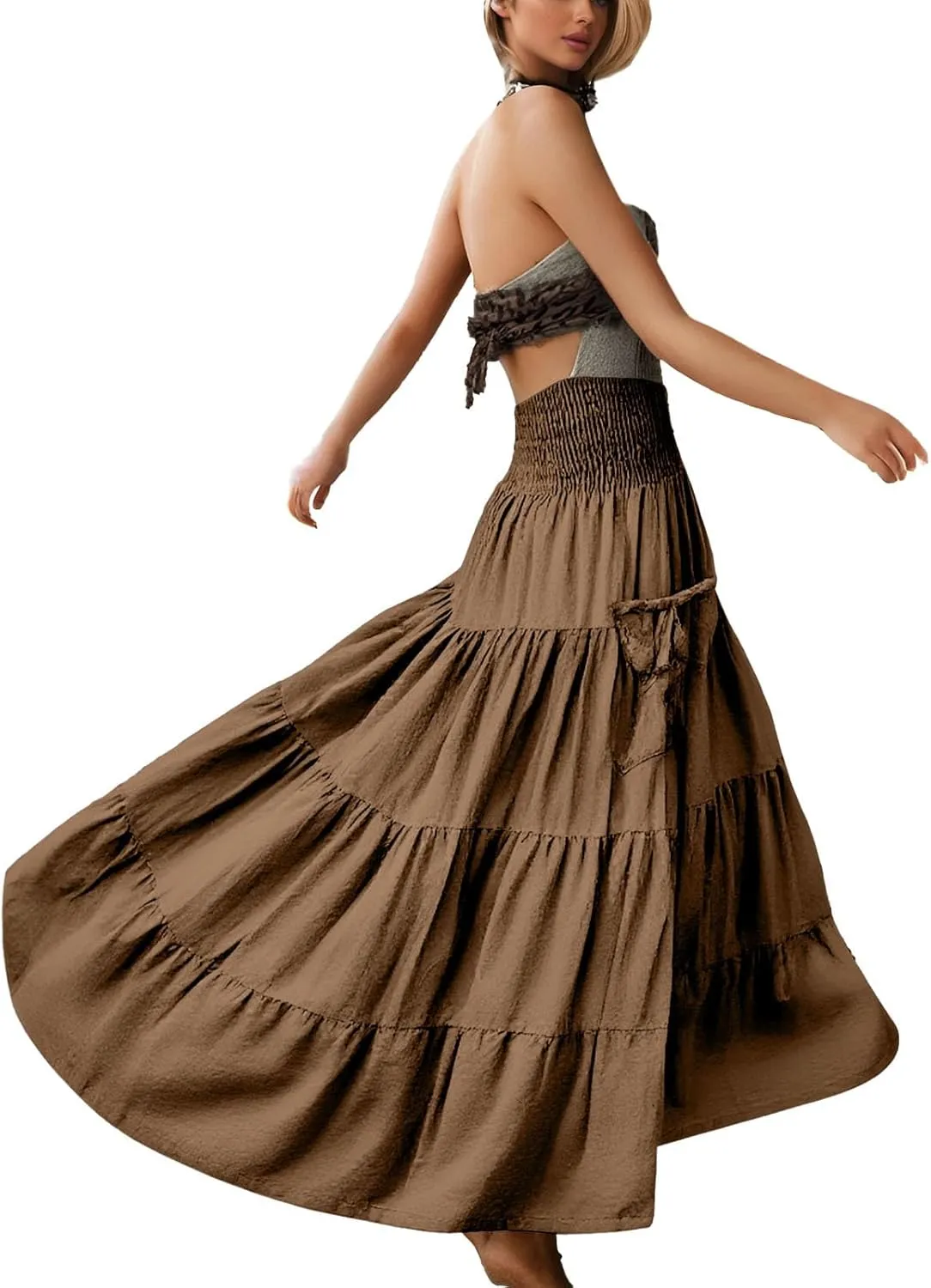 Maxi Skirts for Women 2025 Summer Boho Flowy Swing Tiered A-Line Elastic High Waist Pleated Long Skirt with Pockets