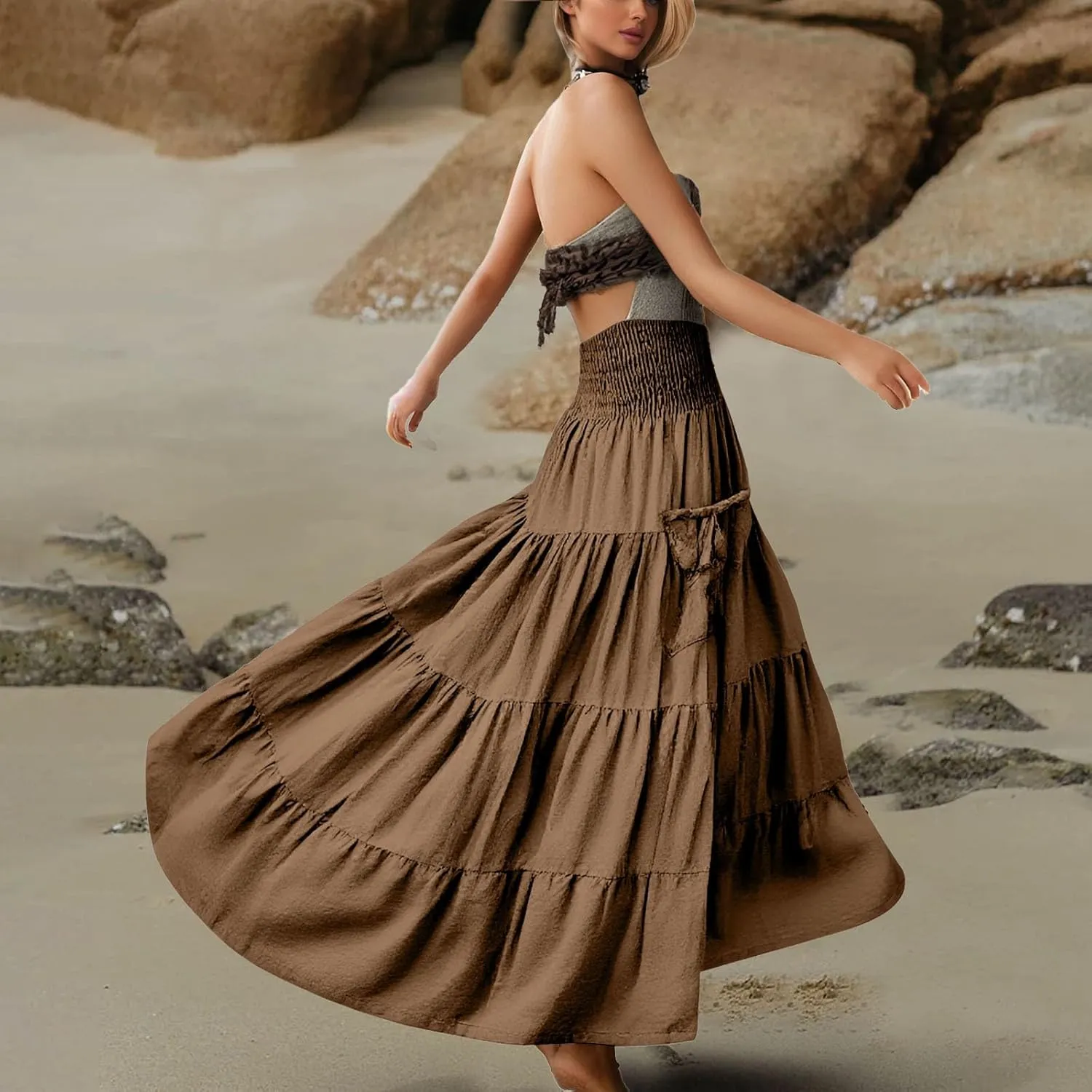 Maxi Skirts for Women 2025 Summer Boho Flowy Swing Tiered A-Line Elastic High Waist Pleated Long Skirt with Pockets