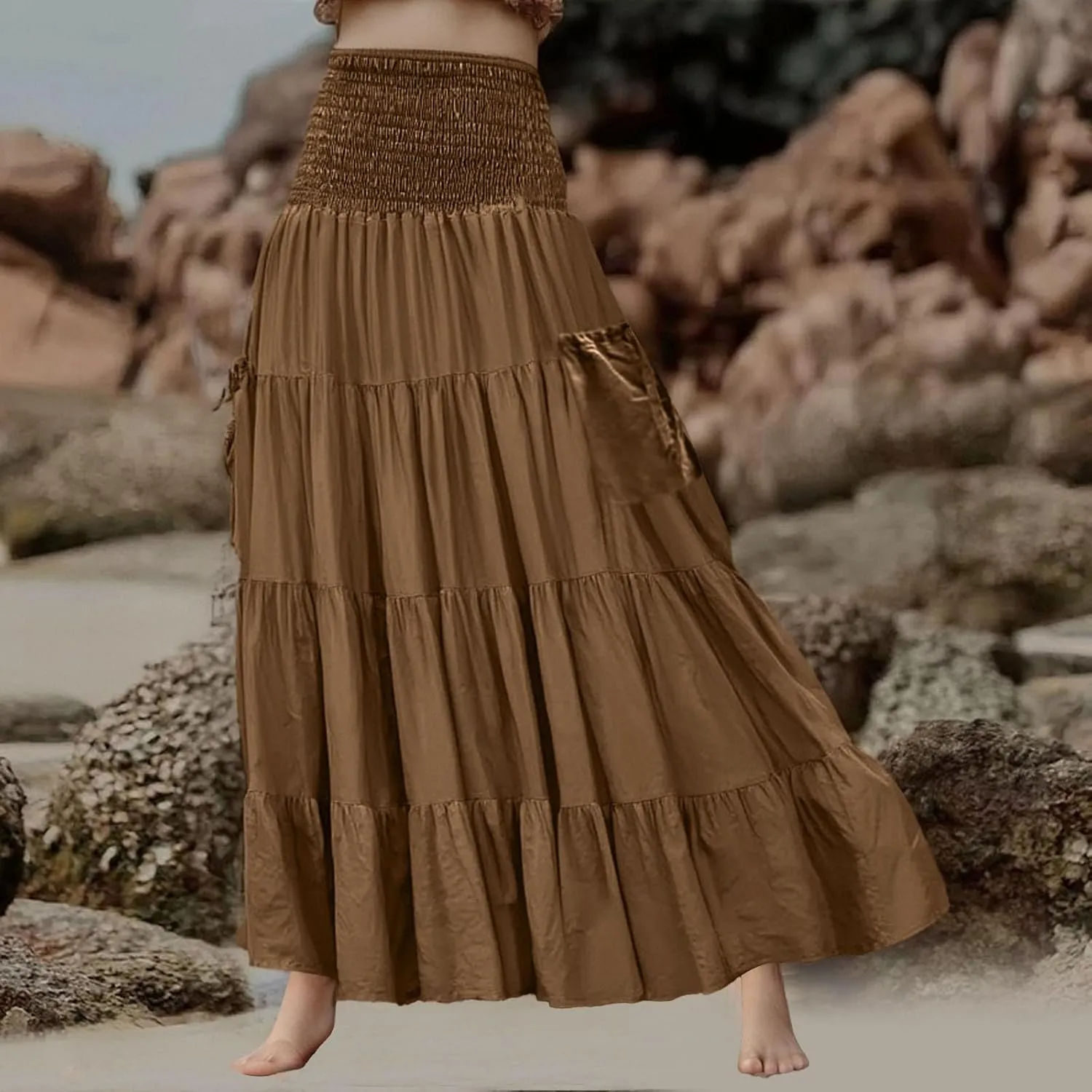 Maxi Skirts for Women 2025 Summer Boho Flowy Swing Tiered A-Line Elastic High Waist Pleated Long Skirt with Pockets