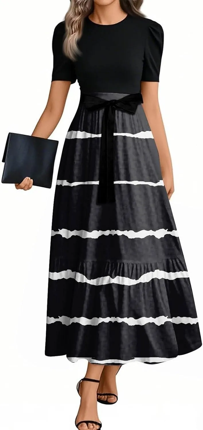 Maxi Striped Prints 2025 Dresses, Beach Boho Women's Jumpsuits Trendy Bow Crew Neck Rompers for Women
