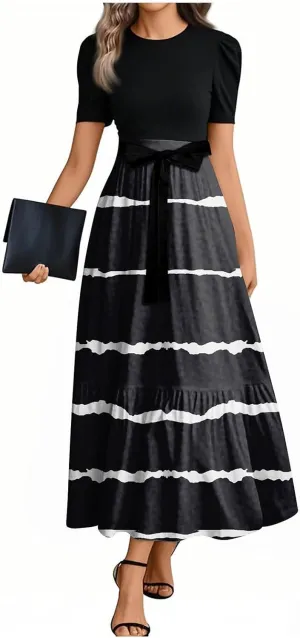 Maxi Striped Prints 2025 Dresses, Beach Boho Women's Jumpsuits Trendy Bow Crew Neck Rompers for Women