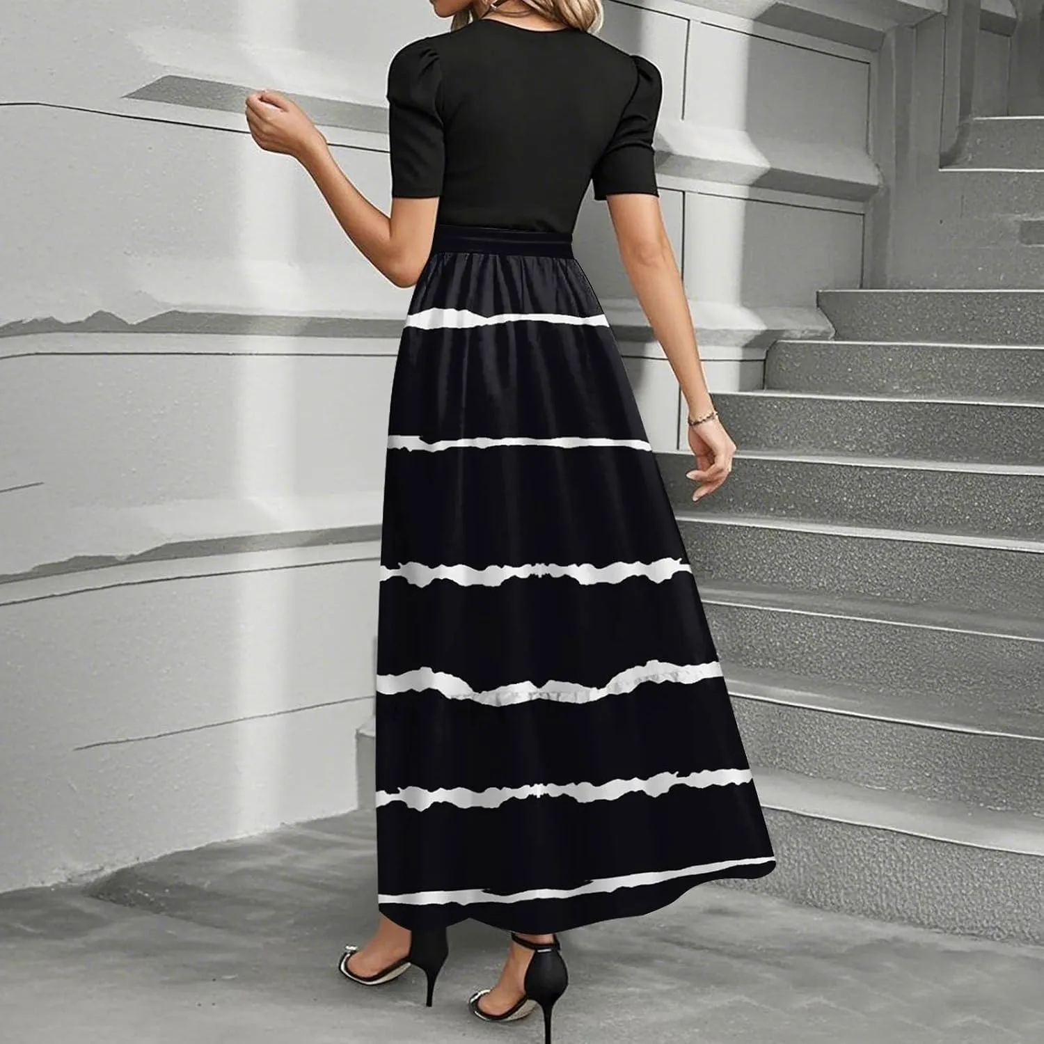 Maxi Striped Prints 2025 Dresses, Beach Boho Women's Jumpsuits Trendy Bow Crew Neck Rompers for Women