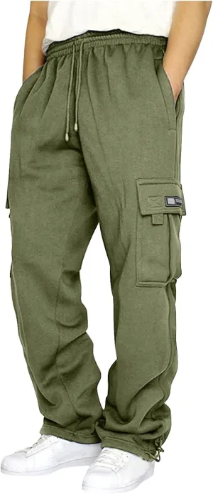 Men's Casual Cargo Pants, Rope Loosening Waist Tapered Stretch Twill Drawstring Trousers with Multiple Pockets
