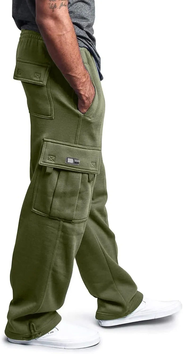 Men's Casual Cargo Pants, Rope Loosening Waist Tapered Stretch Twill Drawstring Trousers with Multiple Pockets