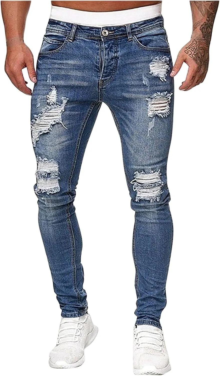 Men's Slim Fit Stretch Jeans Destroyed Ripped Skinny Jeans Side Striped Denim Pants Fashion Stretch Trouser