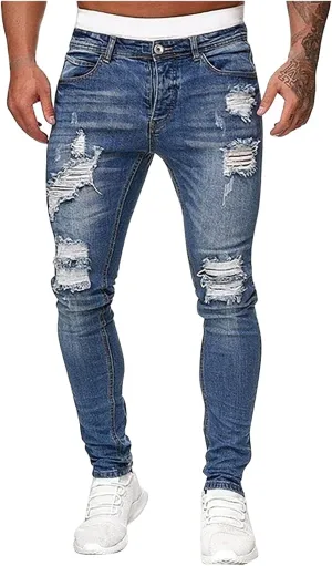 Men's Slim Fit Stretch Jeans Destroyed Ripped Skinny Jeans Side Striped Denim Pants Fashion Stretch Trouser