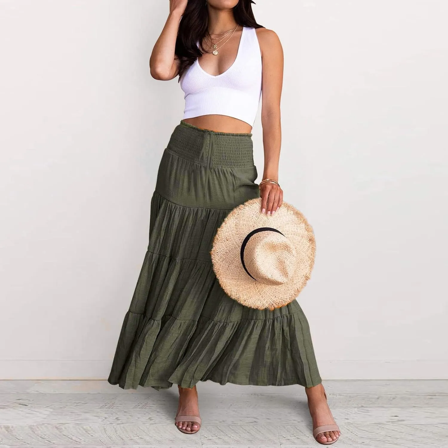 Midi Skirts Womens Boho Elastic High Waist Pleated A-Line Flowy Swing Asymmetric Tiered Maxi Long Skirt Dress