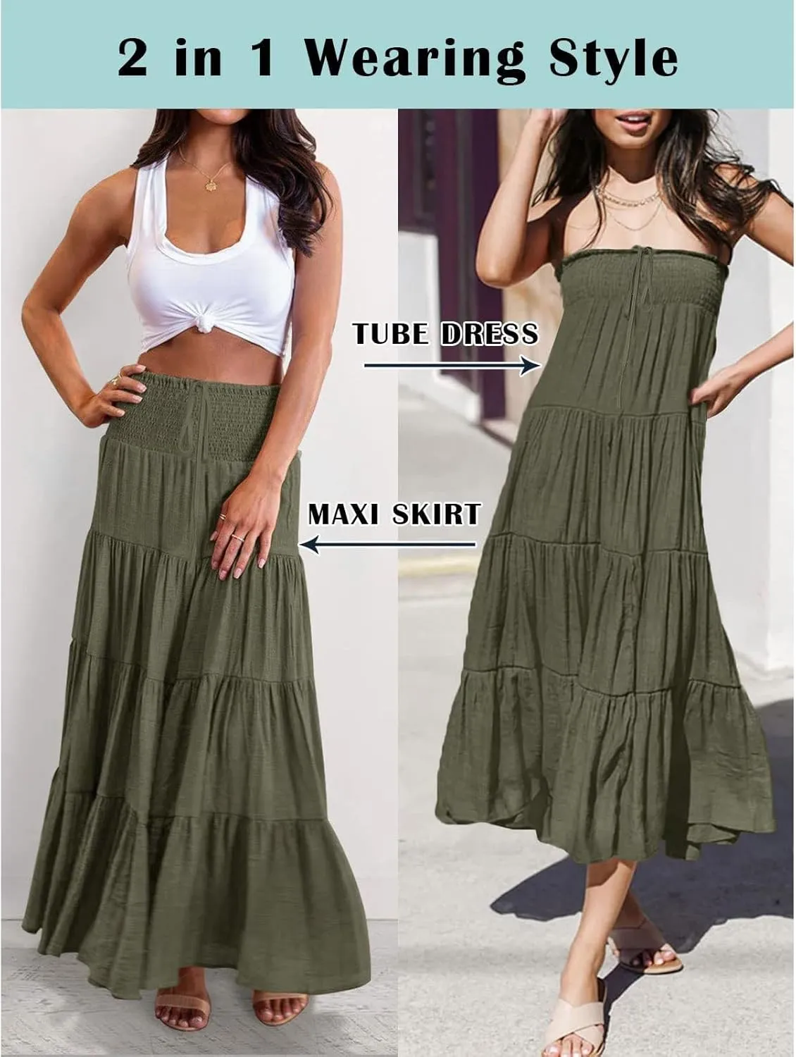 Midi Skirts Womens Boho Elastic High Waist Pleated A-Line Flowy Swing Asymmetric Tiered Maxi Long Skirt Dress