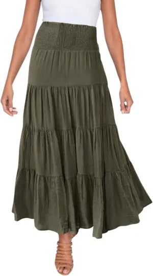 Midi Skirts Womens Boho Elastic High Waist Pleated A-Line Flowy Swing Asymmetric Tiered Maxi Long Skirt Dress