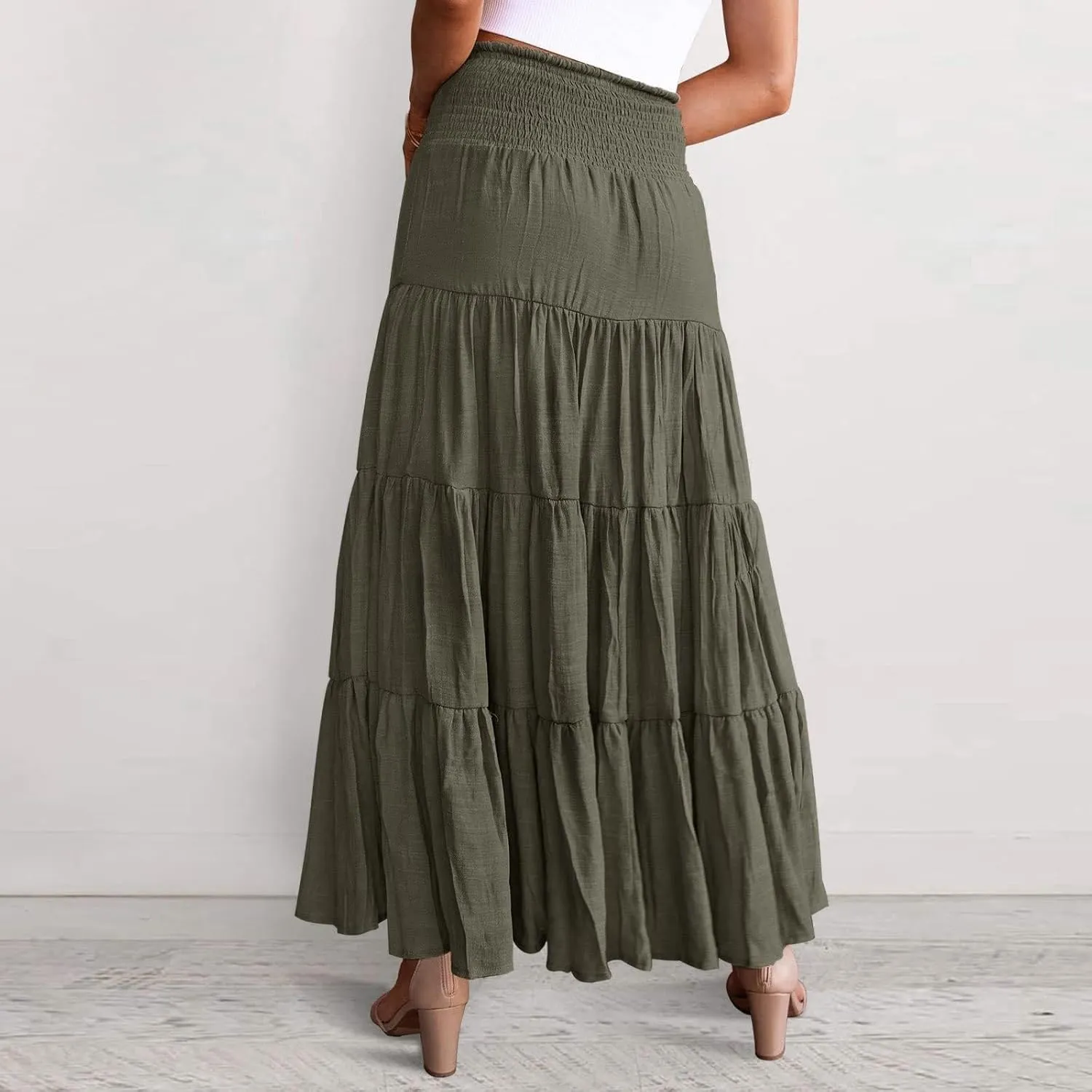 Midi Skirts Womens Boho Elastic High Waist Pleated A-Line Flowy Swing Asymmetric Tiered Maxi Long Skirt Dress