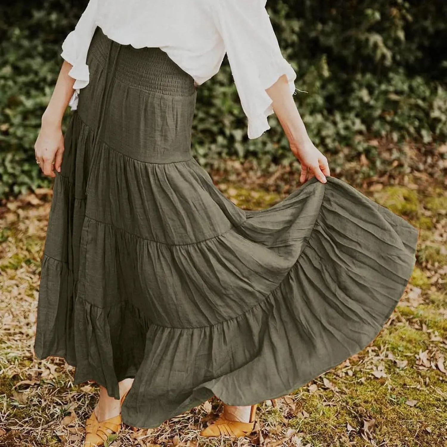 Midi Skirts Womens Boho Elastic High Waist Pleated A-Line Flowy Swing Asymmetric Tiered Maxi Long Skirt Dress