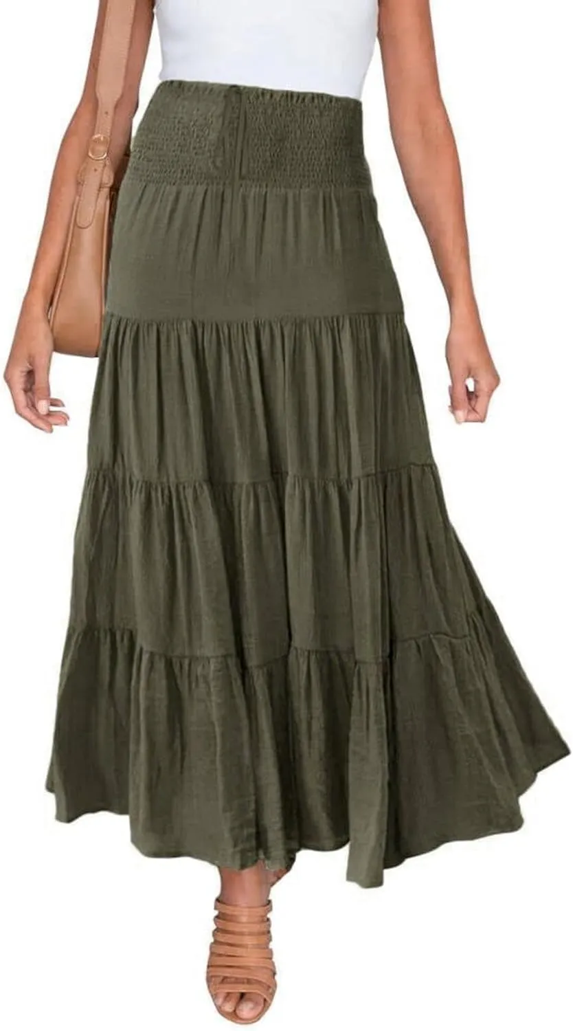 Midi Skirts Womens Boho Elastic High Waist Pleated A-Line Flowy Swing Asymmetric Tiered Maxi Long Skirt Dress