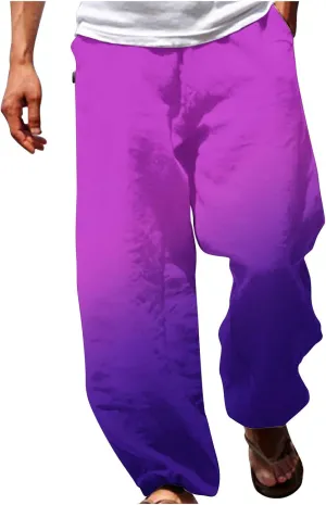Muscularfit Mens Stretch Pants Casual Loose Drawstring Cotton Linen Straight Legs Fashion Gradient Color Stretch Trousers