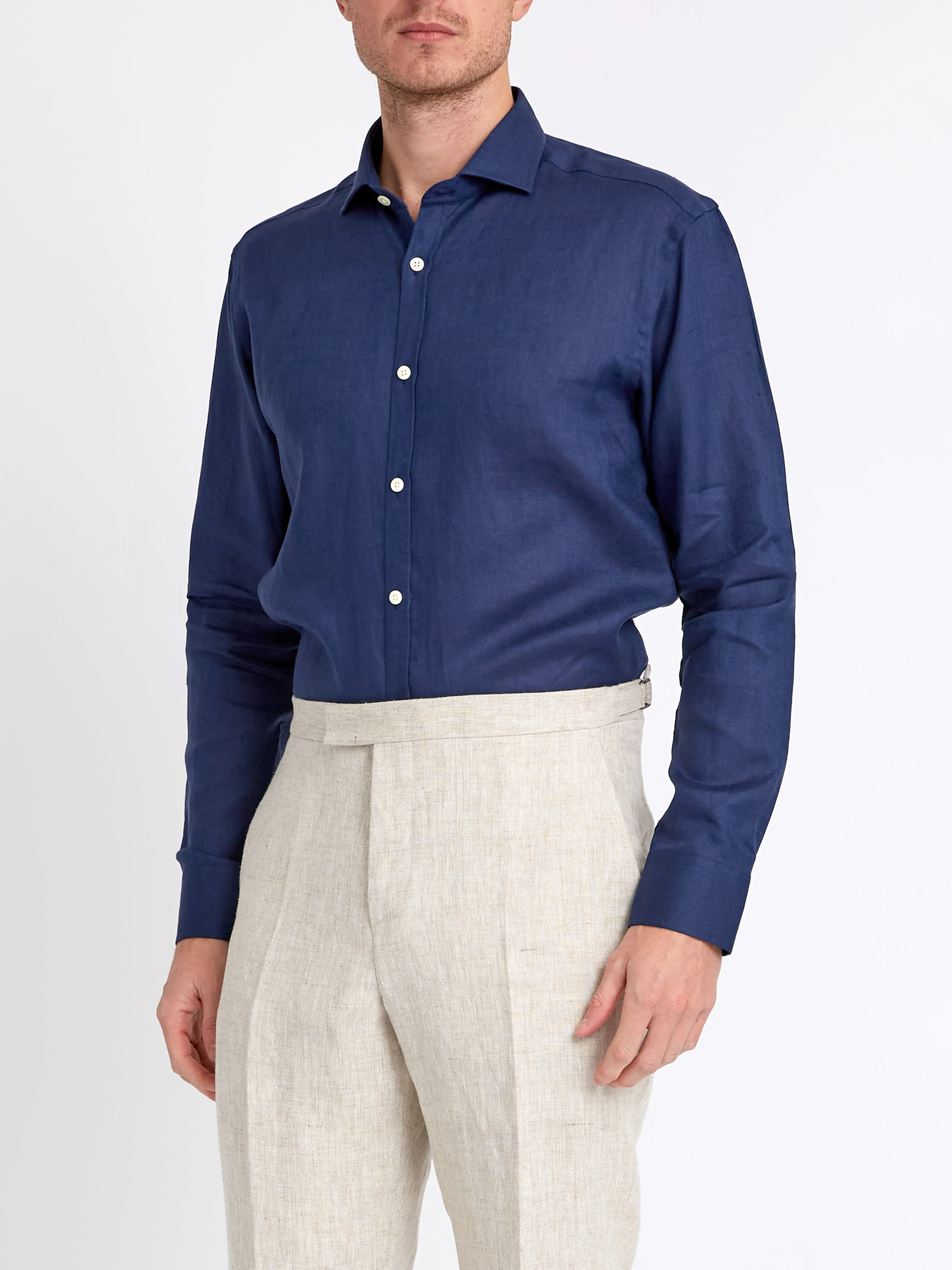 Navy Bridford Linen Cutaway Collar Shirt