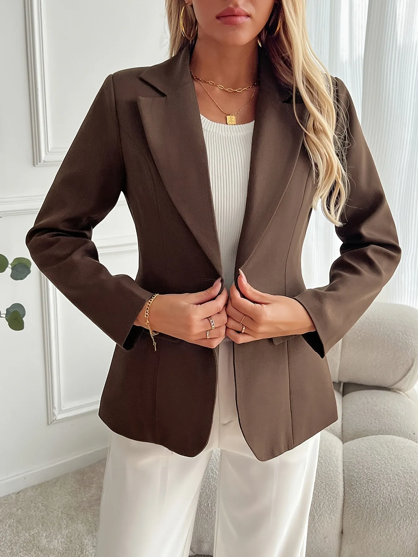 NIVORA | Solid Color Lapel Blazer with Front Button